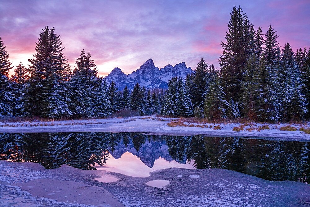 Evening light, reflection of Teton Range in icy pond, Schwabacher's Landing, Grand Teton National Park, Wyoming, United States of America, North America