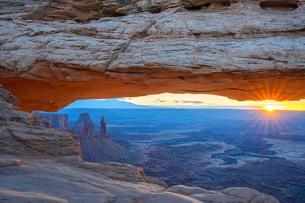 Close up view of canyon through Mesa Arch at sunrise, Canyonlands National Park, Utah, United States of America, North America