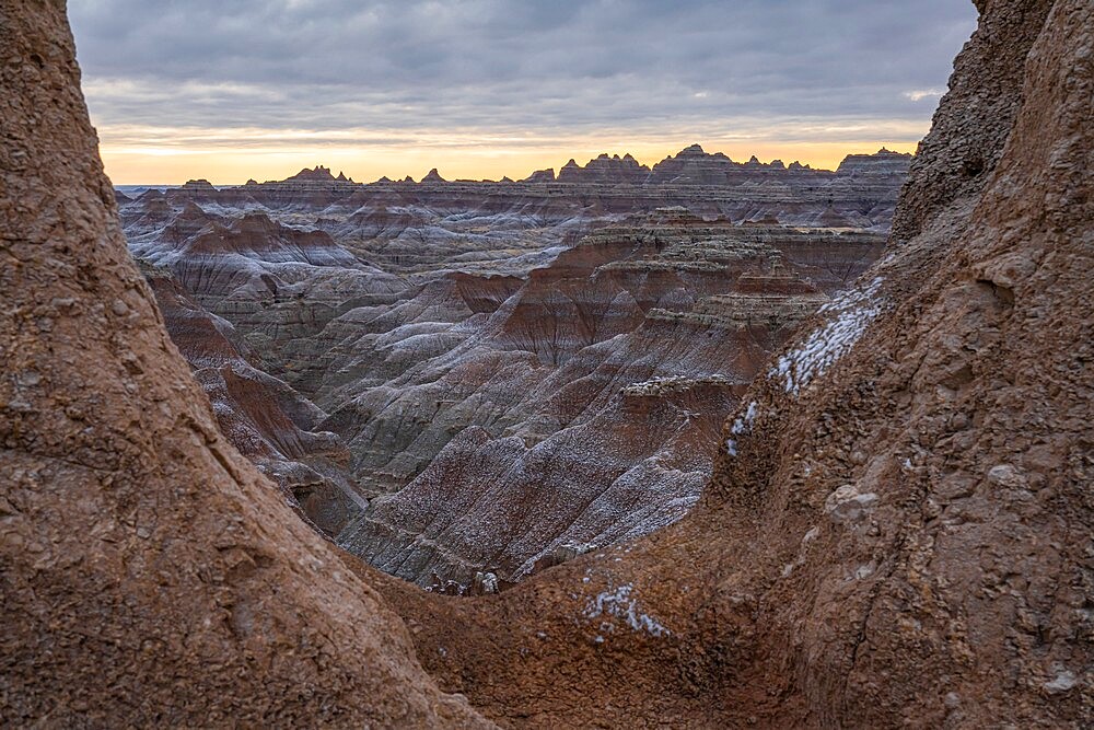 Badlands through the window, Badlands National Park, South Dakota, United States of America, North America