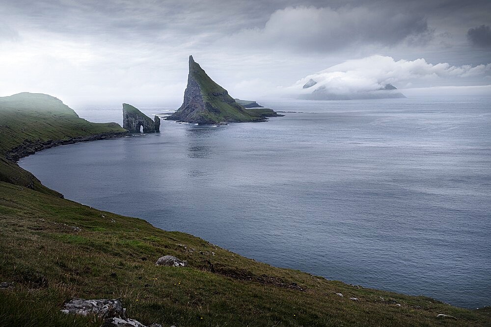 View over the bay with Drangarnir and Tindholmur, Faroe Islands, Denmark, Europe