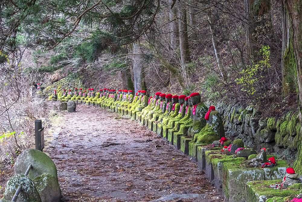 Narabi Jizo Buddha statues with red hat covered with Moss in Nikko, Tochigi, Honshu, Japan, Asia