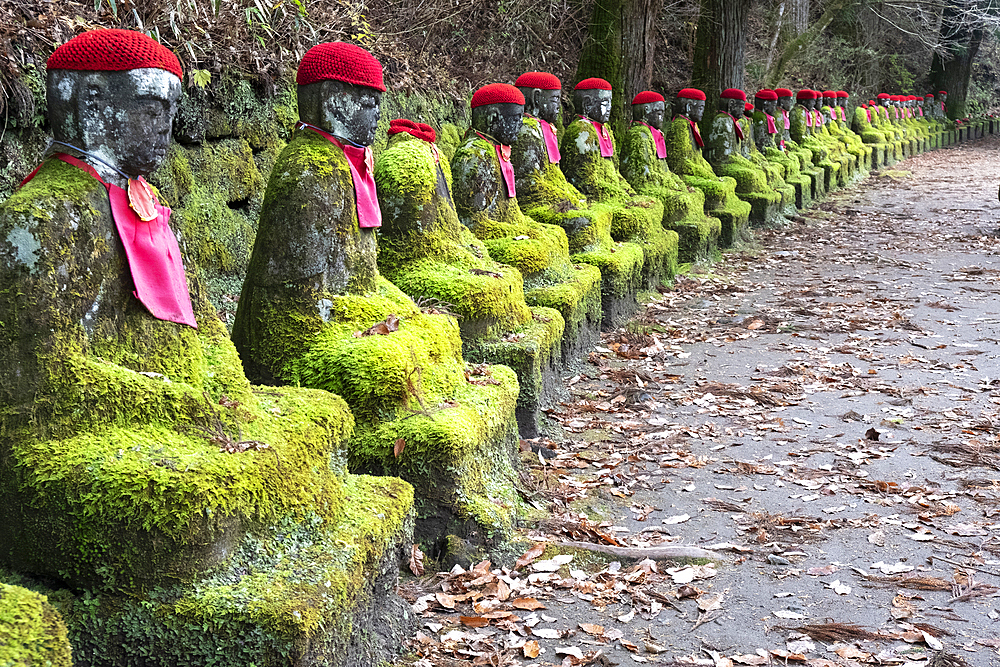 Narabi Jizo Buddha statues with red hat covered with Moss in Nikko, Tochigi, Honshu, Japan, Asia