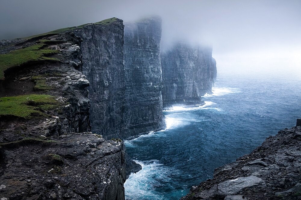 Cliffs of Traelanipa above the ocean, Faroe Islands, Denmark, Europe