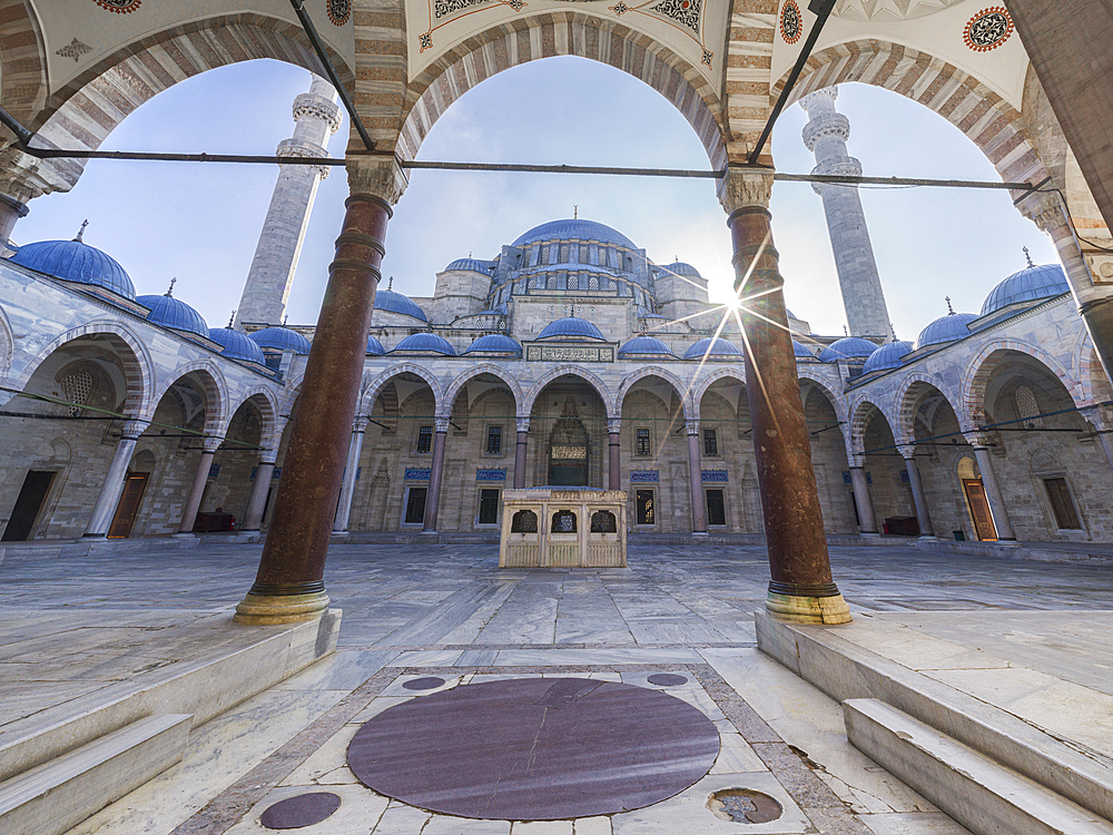 Suleymaniye Camii Mosque inner square and portico in the early morning, UNESCO World Heritage Site, Istanbul, Turkey, Europe