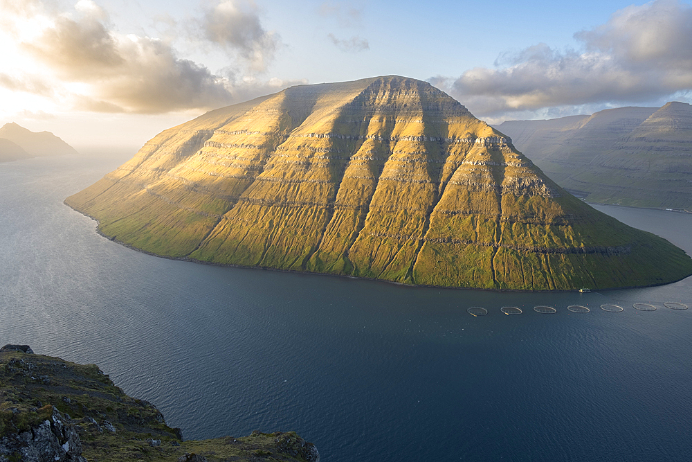 Faroe Islands Mountain Landscape With Golden Light at Sunset