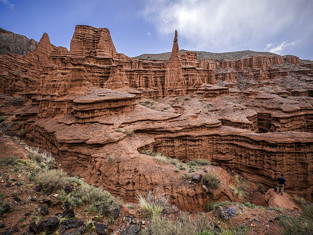 Kok-Moinok Canyon, a clay-sand structure formed on the slopes of arid mountains cut by water streams, Kyrgyzstan, Central Asia, Asia