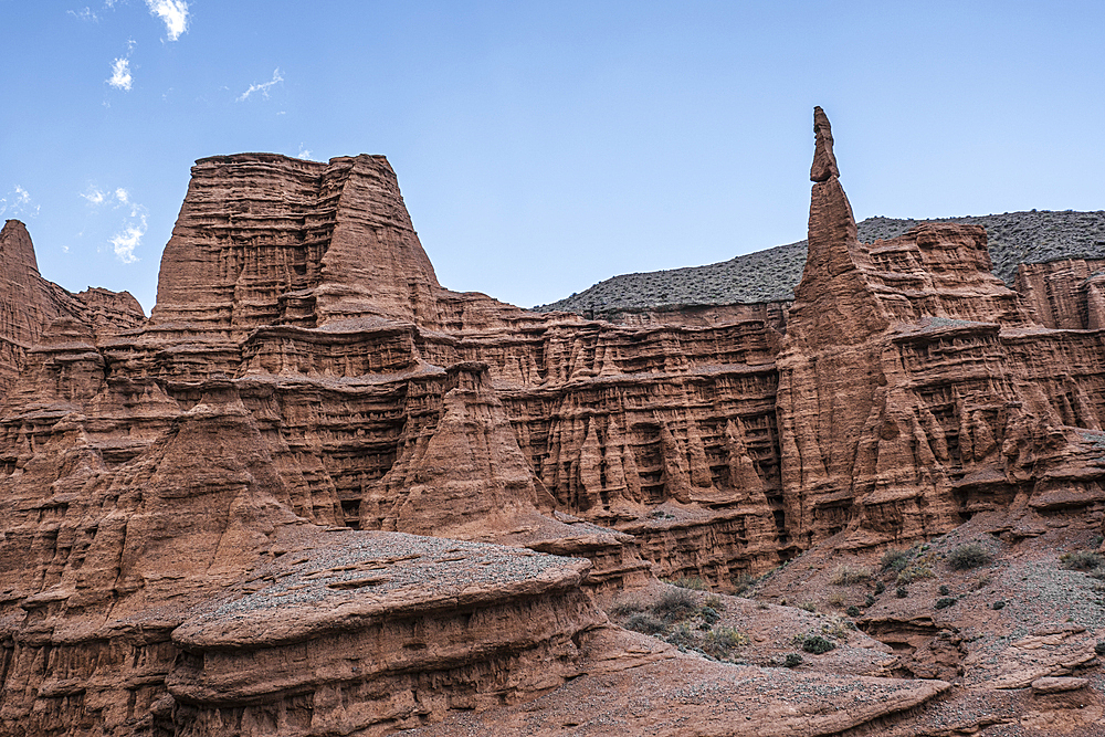 Kok-Moinok Canyon, a clay-sand structure formed on the slopes of arid mountains cut by water streams, Kyrgyzstan, Central Asia, Asia