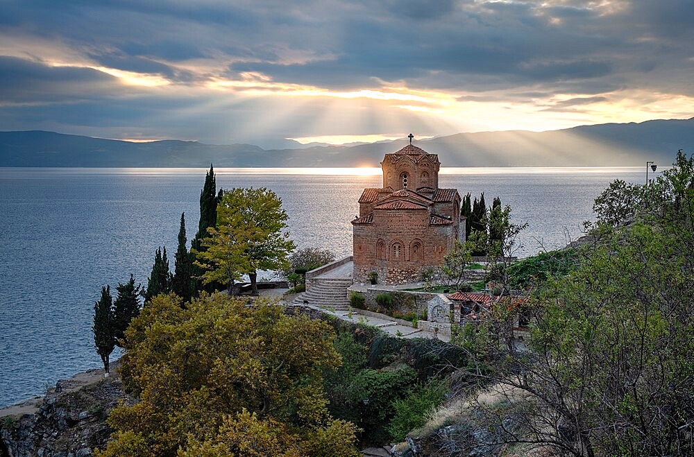 Sunset at Saint John at Kaneo, an Orthodox church situated on the cliff overlooking Lake Ohrid, UNESCO World Heritage Site, Ohrid, North Macedonia, Europe