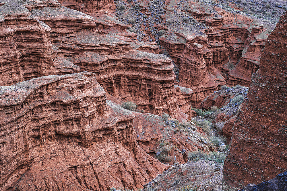 Majestic red rock spires in Kok-Moinok Canyon, Kyrgyzstan, Central Asia, Asia