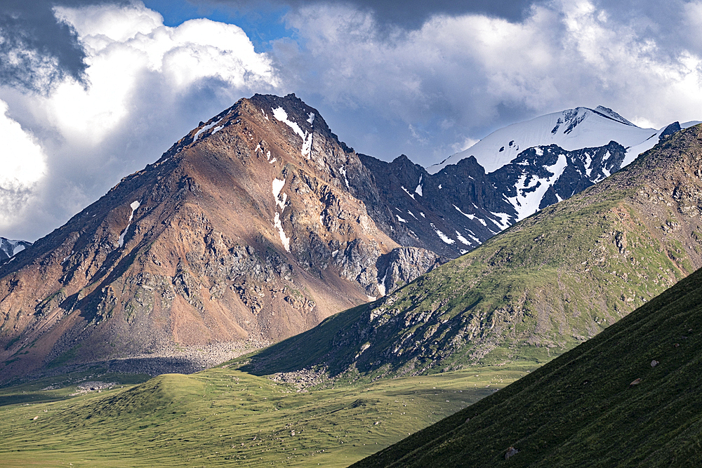 Majestic Green Mountains Surrounding Kol Ukok Mountain Lake in Kyrgyzstan