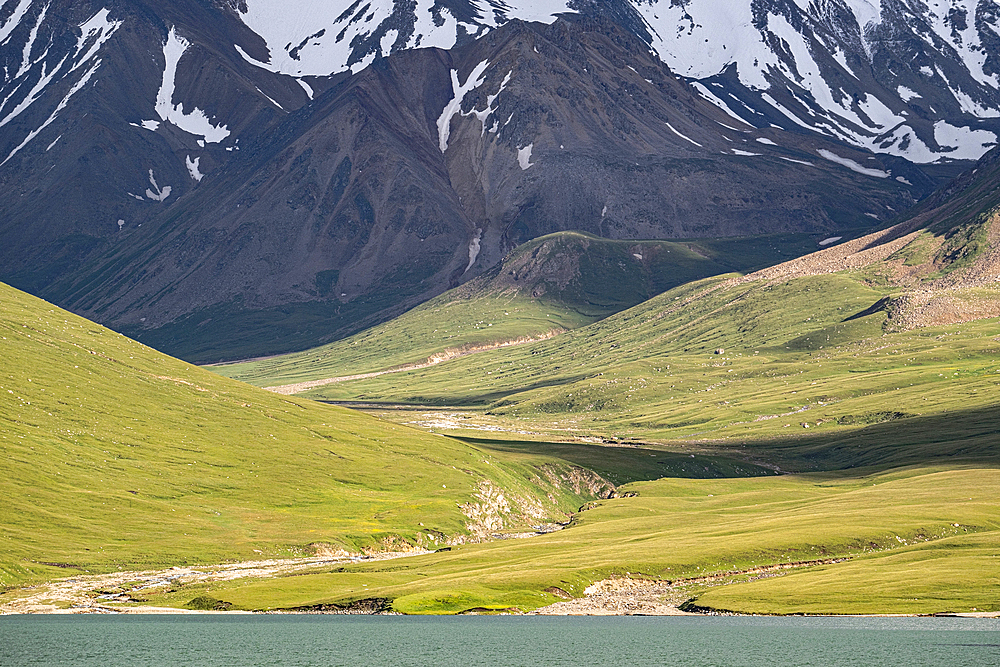 Snow on mountain above Kol Ukok Lake, Kyrgyzstan, Central Asia, Asia