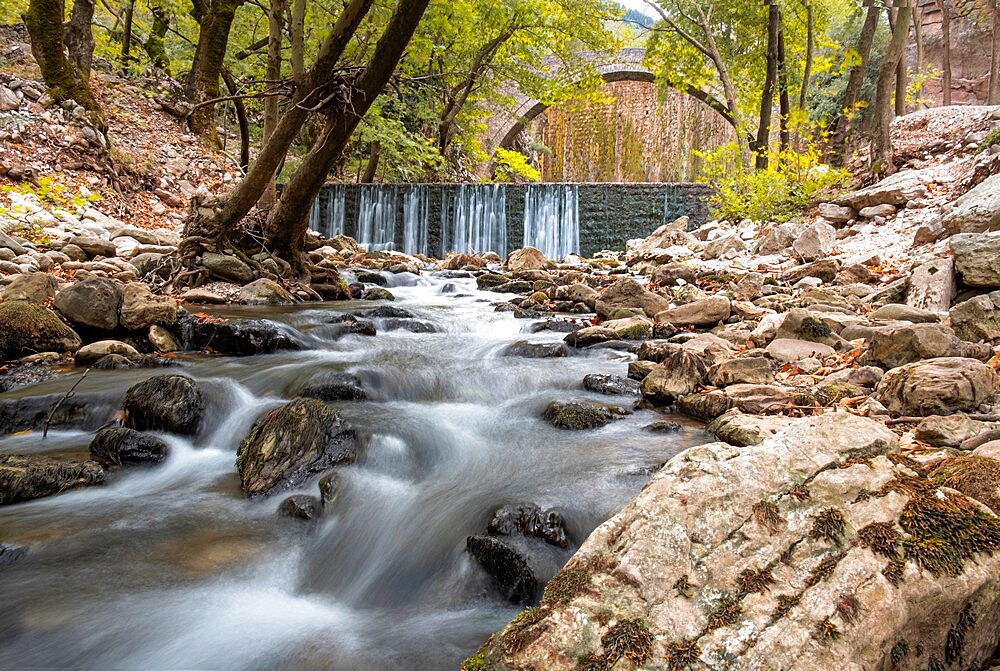 Paleokaria waterfall and ancient bridge, Thessaly, Greece, Europe