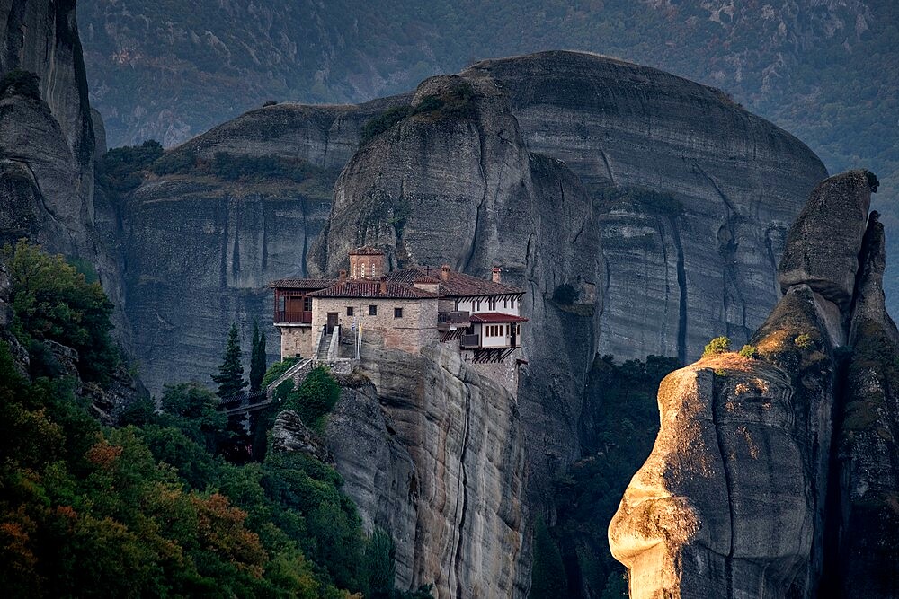 Sunrise on Roussanou (St. Barbara) Monastery, Meteora, UNESCO World Heritage Site, Thessaly, Greece, Europe