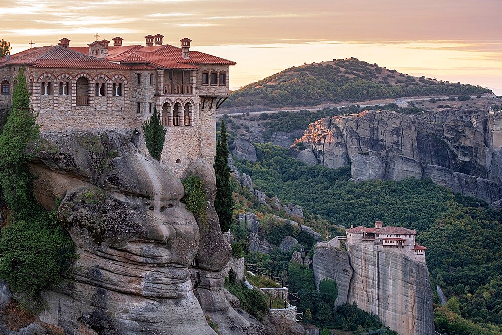 Varlaam and Roussanou (St. Barbara) Monasteries at sunrise, Meteora, UNESCO World Heritage Site, Thessaly, Greece, Europe