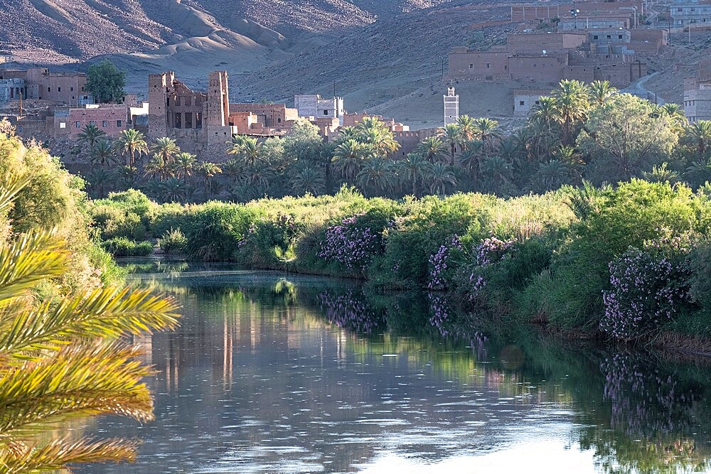 Sunsrise on a river with a kasbah's ruin reflection, Draa Valley, Morocco, North Africa, Africa