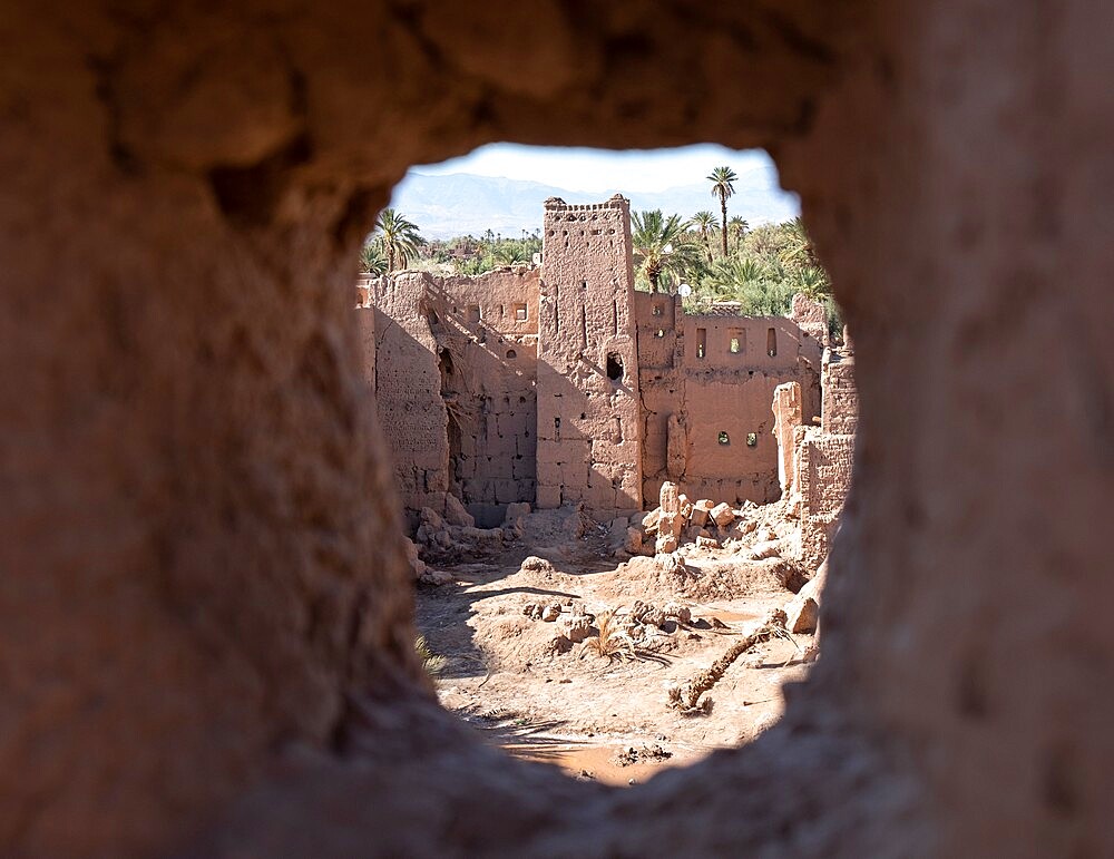 Kasbah ruins seen through an ancient kasbah window, Morocco, North Africa, Africa