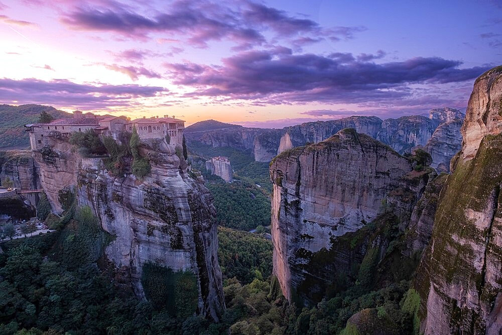 Sunrise above the Monasteries of Varlaam and Roussanou (St. Barbara), UNESCO World Heritage Site, Metetora, Thessaly, Greece, Europe