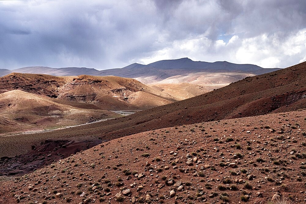 Rocky panorama of the high Atlas mountains in Morocco with a cloudy sky, Morocco, North Africa, Africa