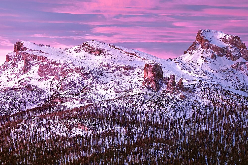 Pink sunrise on Five Towers (Cinque Torri) mountains in winter with snow, Dolomites, Trentino-Alto Adige, Italy, Europe