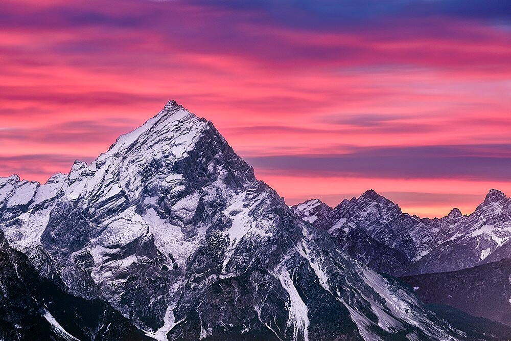 Pink sunset on Antelao mountain in winter with snow, Dolomites, Trentino-Alto Adige, Italy, Europe