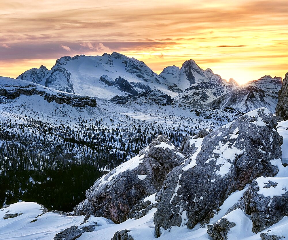 Winter sunset on Marmolada covered by snow, Dolomites, Trentino-Alto Adige, Italy, Europe