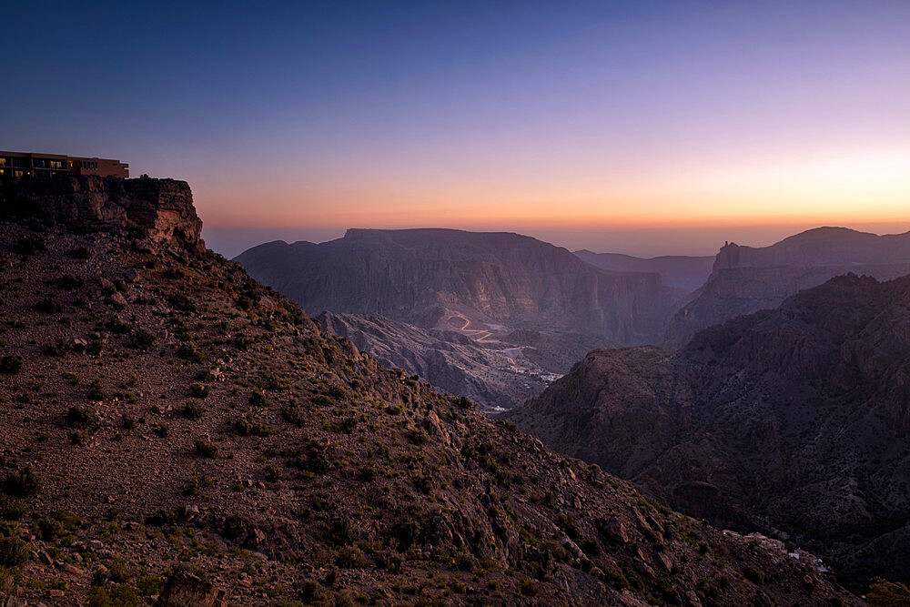 Blue hour on the rocky landscape of Jebel Akhdar mountains in Oman, Middle East