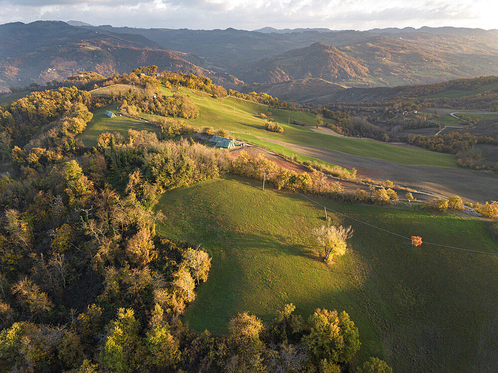 Aerial view of an autumnal sunset on the countryside, Emilia Romagna, Italy, Europe