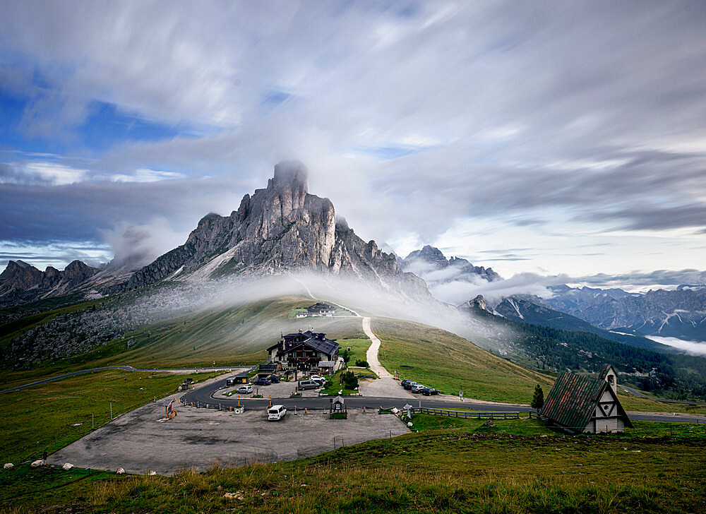 Morning fog, long exposure, at Passo Giau with the Ra Gusela mountain in the mist, Cortina d'Ampezzo, Dolomites, Italy, Europe