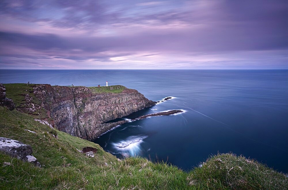 Blue hour at the Akraberg Lighthouse in the island of Suduroy, Faore Islands, Denmark, Europe