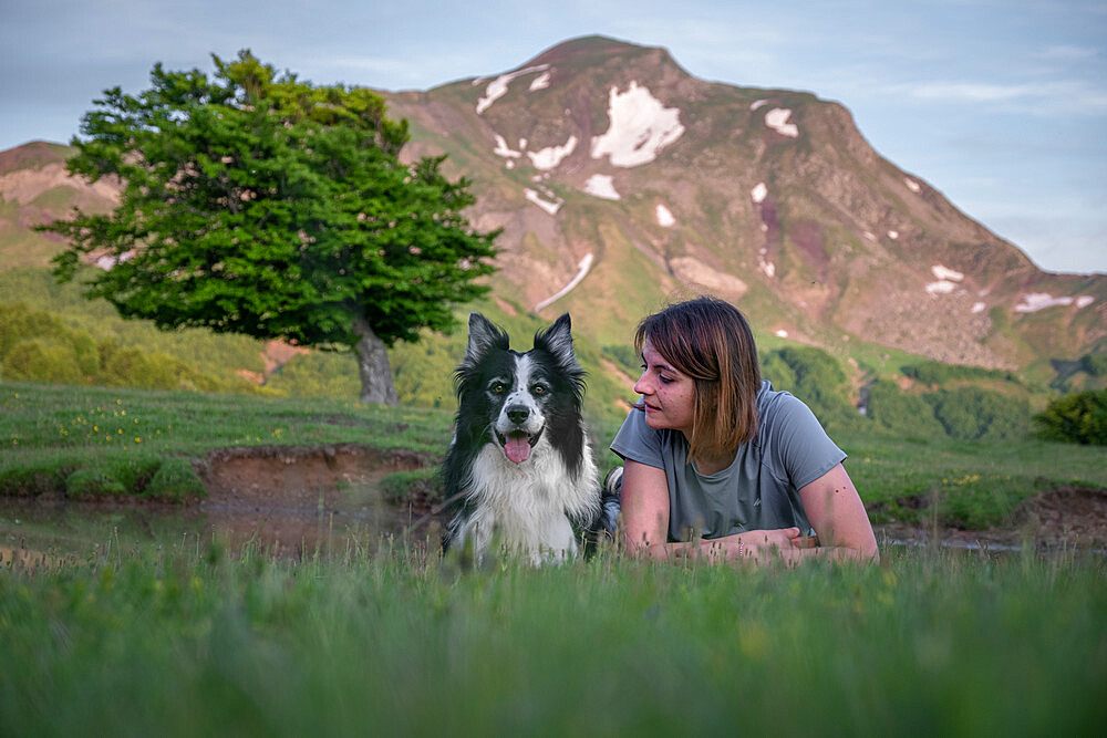 A girl and her border collie dog lying in the grass with a tree and mountain in the background, Emilia Romagna, Italy, Europe