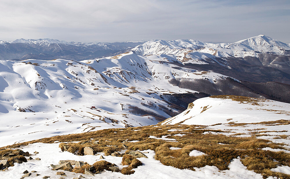 Gentle mountains fully covered by snow in the Corno alle Scale regional park, Emilia Romagna, Italy, Europe