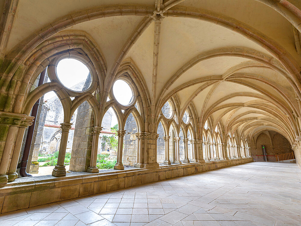 Interior of the cloister portico of the 12th century Noirlac Cistercian Abbey, Cher, Centre-Val del Loire, France, Europe