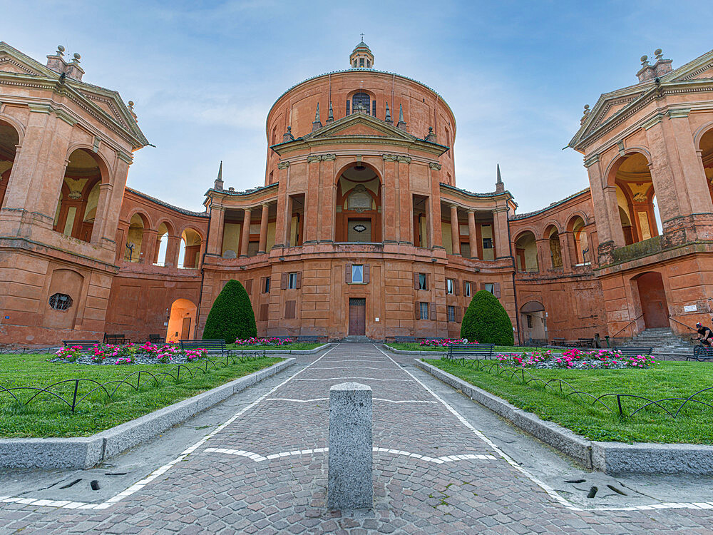 Sanctuary of San Luca at sunrise in Bologna, Emilia Romagna, Italy, Europe