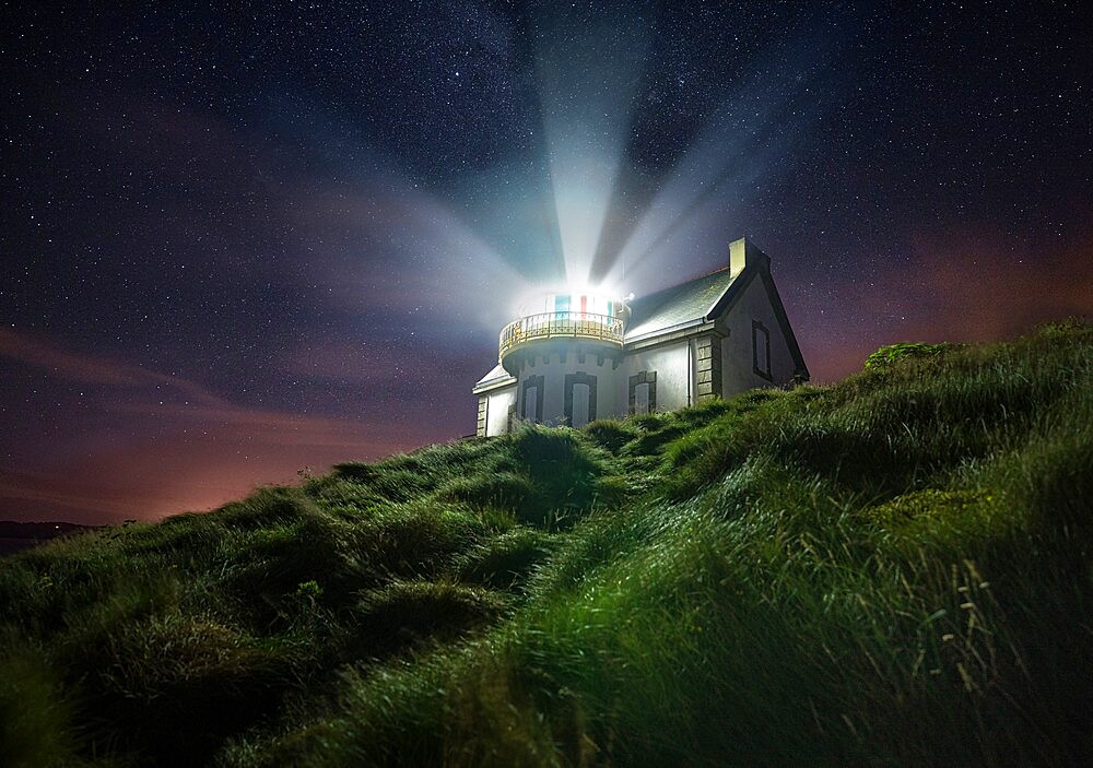 Night shot at Phare du Millier lighthouse, Finistere, Brittany, France, Europe