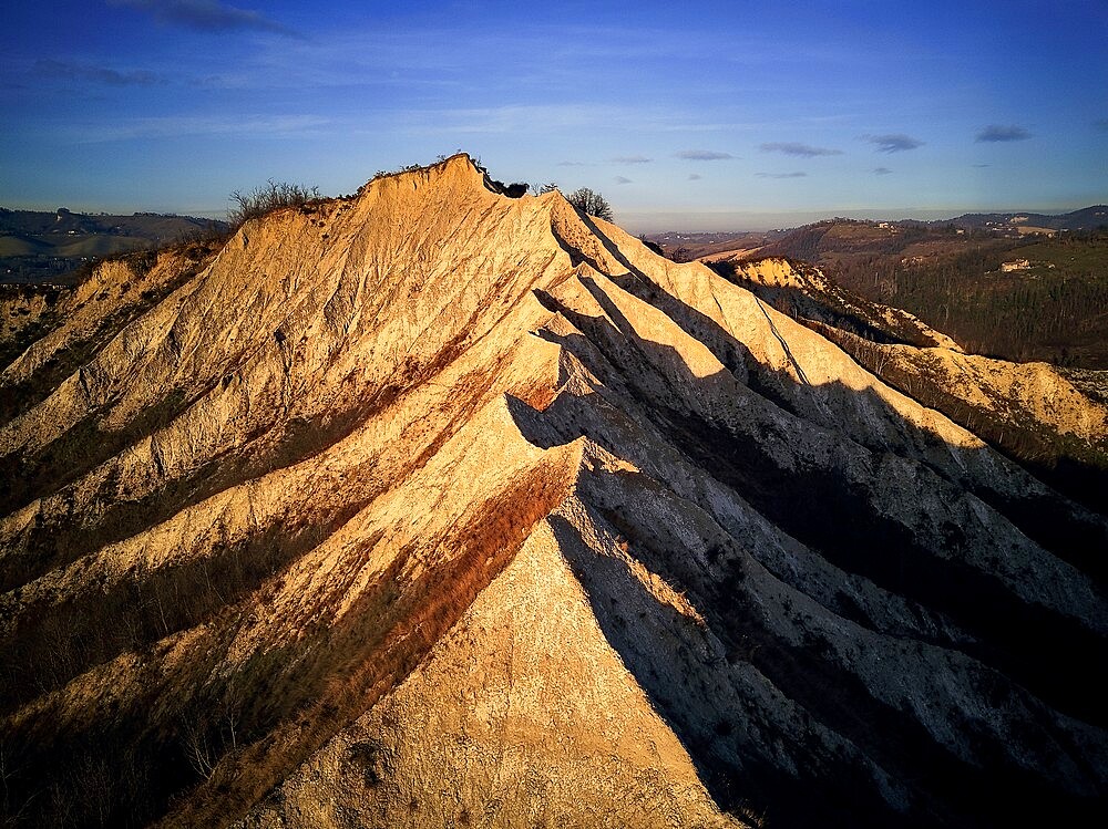 Aerial view over badlands ridge, Emilia Romagna, Italy, Europe