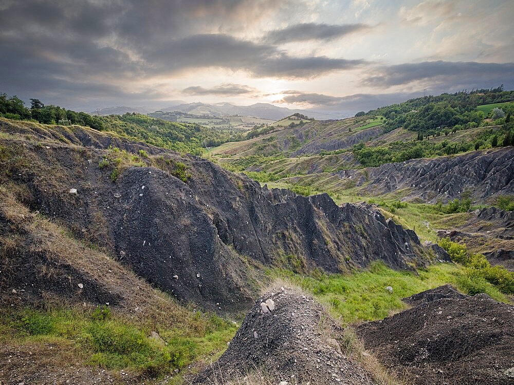 Badlands and green hills, Emilia Romagna, Italy, Europe