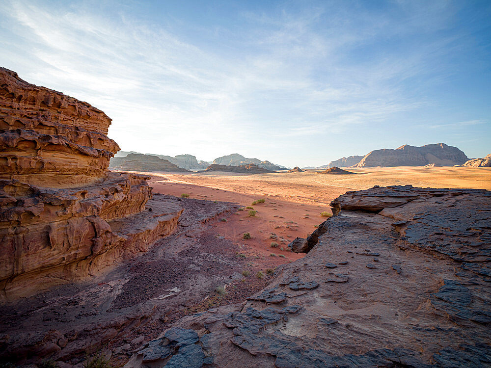 Sunrise in the Wadi Rum desert in Jordan, Middle East