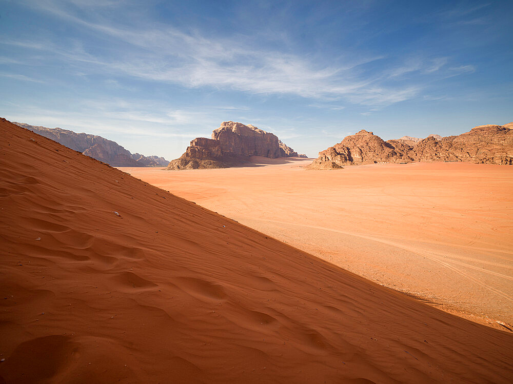 Wadi rum desert plain from a sand dune