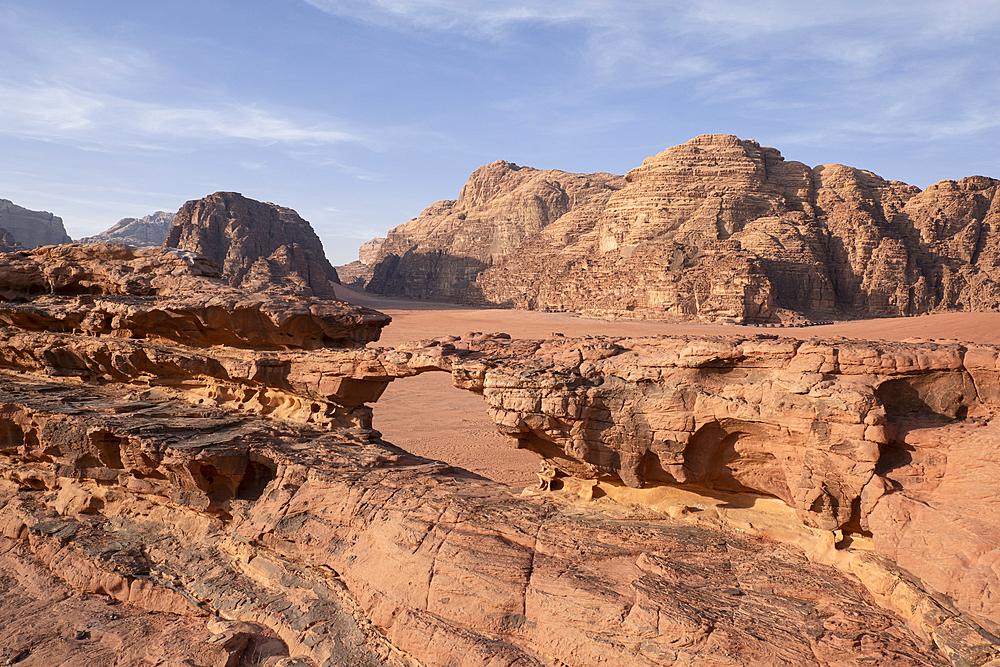 A stone arch bridge in Wadi Rum desert in Jordan