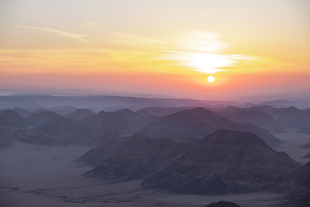 Sunrise from the top of the Umm ad Dami mountain, the highest point in the country, Jordan, Middle East