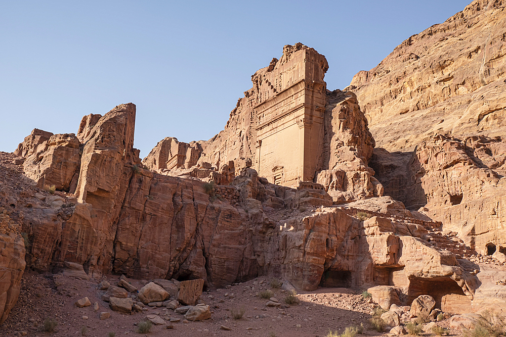 Unayshu tomb in the lost city of Petra illuminated at sunset, Petra, UNESCO World Heritage Site, Jordan, Middle East