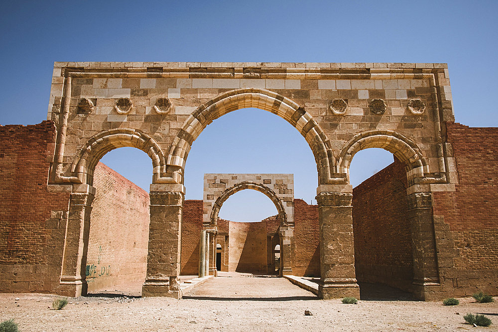 Arches in the facade of the desert castle Qasr al-Mushatta, Jordan, Middle East