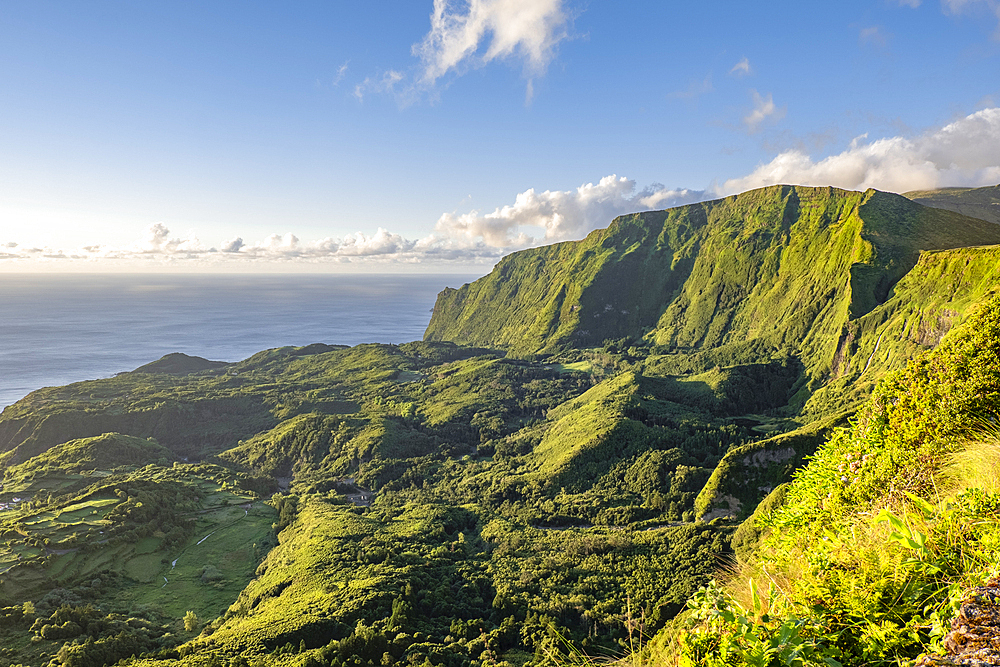 The view at sunset on Flores island from Miradouro Craveiro Lopes, Azores islands, Portugal, Atlantic Ocean, Europe