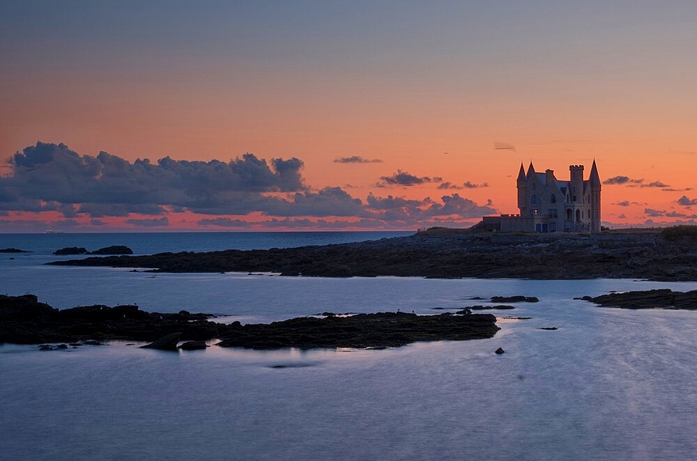 Castle silhouette after sunset, Quiberon, Brittany, France, Europe