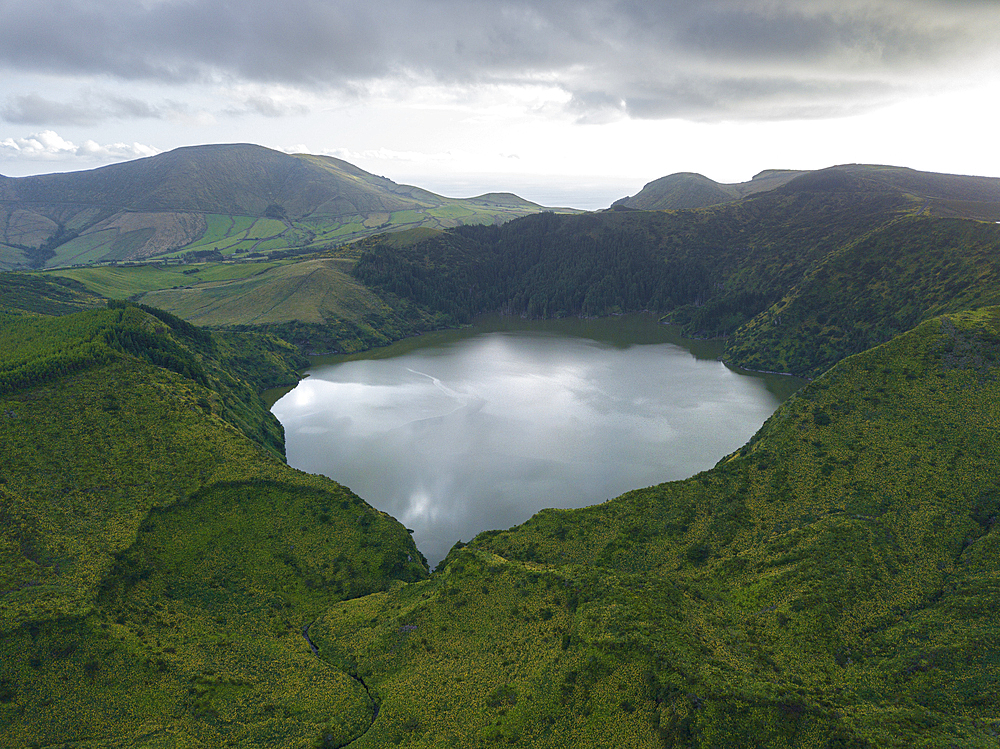 Aerial shot of Caldeira Funda in Flores island, Azores islands, Portugal, Atlantic, Europe