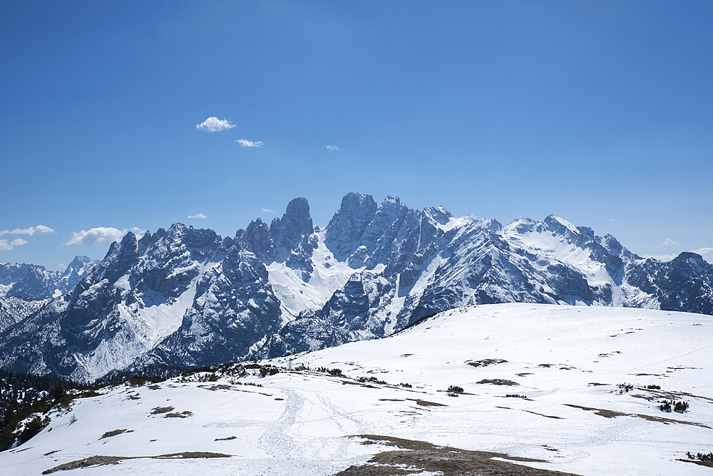 Monte Cristallo mountain covered by pristine snow, Dolomites, Belluno, Veneto, Italy, Europe