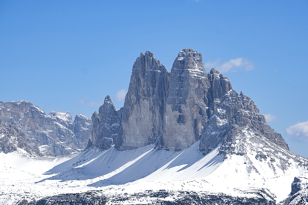 Three peaks of Lavaredo (Tre Cime di Lavaredo) mountains covered by pristine snow, Dolomites, Belluno, Italy, Europe