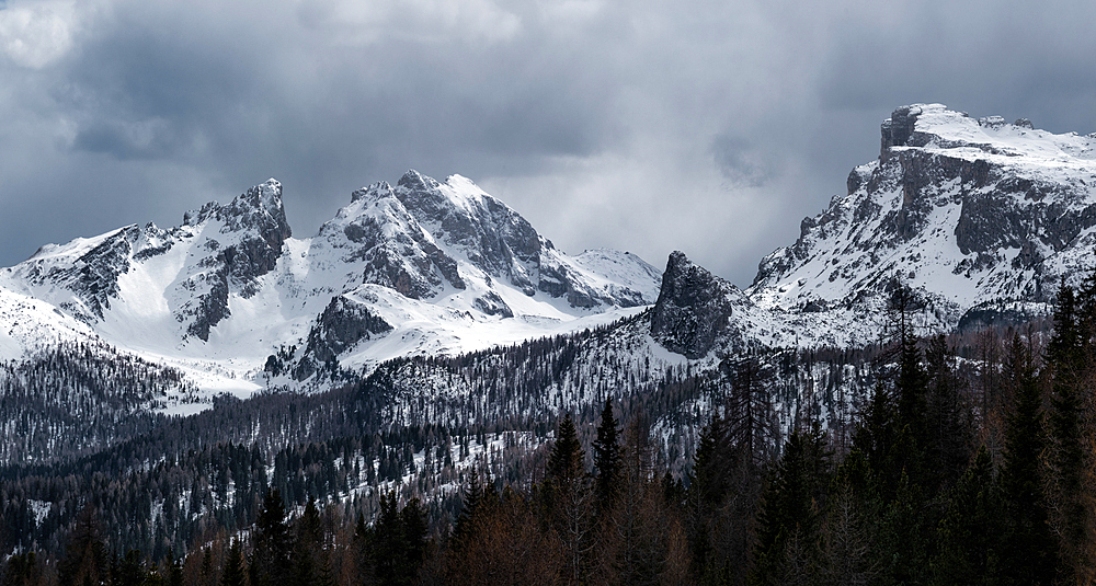 Panorama of Monte Cernera and Ra Gusela mountains at Passo Giau covered by snow, Dolomites, Belluno, Italy, Europe