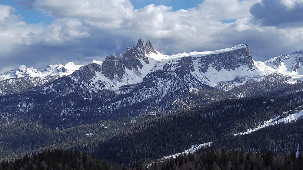 Panorama of the Dolomites of Cortina, Croda da Lago, Lastoni di Formin covered by snow, Belluno, Italy, Europe