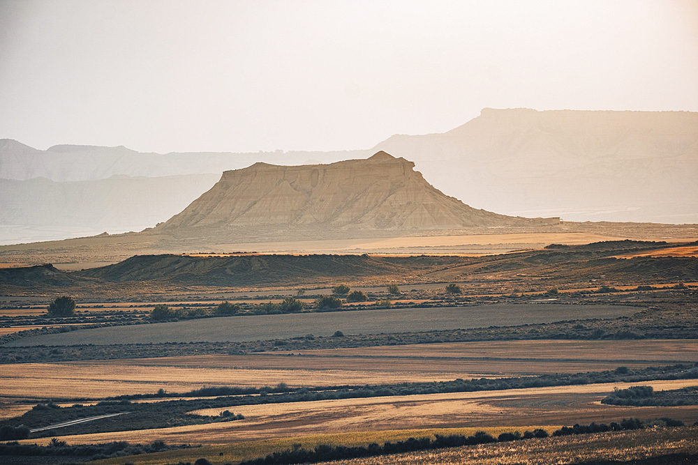 The badlands of Bardenas Reales desert mountains at sunrise, Navarre, Spain, Europe